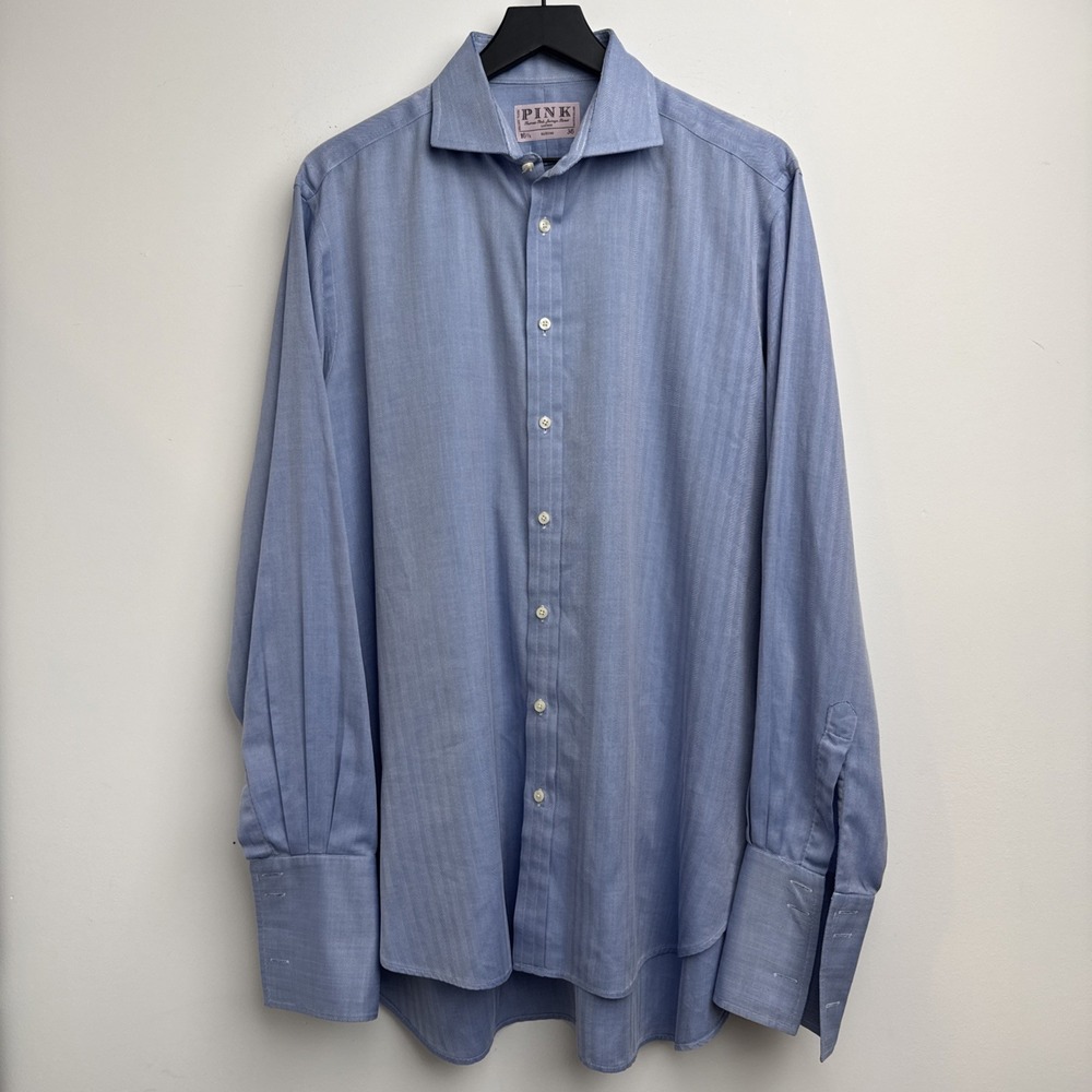 Thomas Pink London Dress Shirt 36 16 1/2 Blue Striped French Cuff Button Up Mens